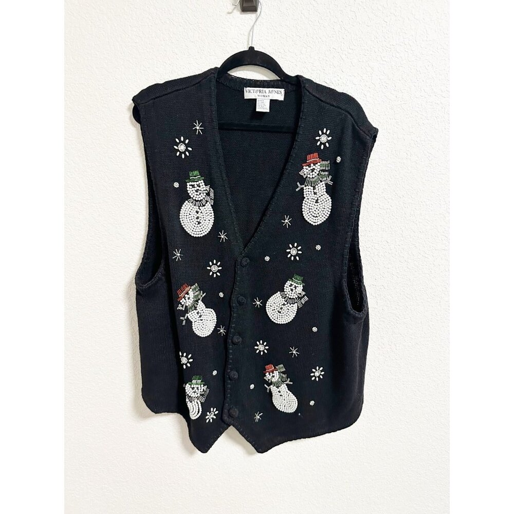 Victoria Jones Snowman Sweater Vest Christmas‎ Holiday Beaded Knit Black Size 3X